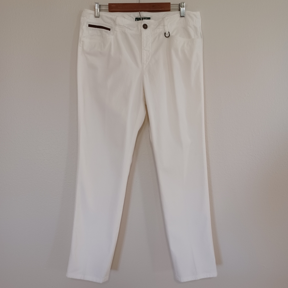 Lauren Ralph Lauren White Straight-Leg Pants with Leather Detail - Size 12